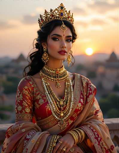 A woman is captured wearing traditional Indian attire and jewelry, including a gold crown on her head and a red and gold sari draped over her body. She has dark hair styled in an elegant updo and is positioned against the backdrop of a sunset-lit cityscape with buildings visible in the distance. The colors in the image are predominantly warm tones of orange and yellow, reflecting the setting sun.