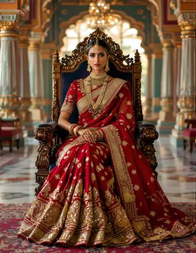 A woman is seated on a throne-like chair with gold accents and a red and gold sari draped over her. She wears a gold necklace and earrings that complement the color scheme of the outfit. The setting appears to be an opulent room with columns and arches, suggesting a palace or grand hall.