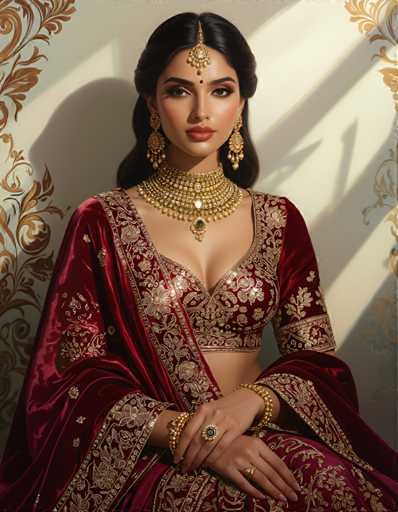 A woman is seated against a white wall with gold floral patterns. She is wearing a red and gold saree that flows down to her feet, and a gold headpiece. The woman's hands are placed on her lap as she gazes directly at the camera.