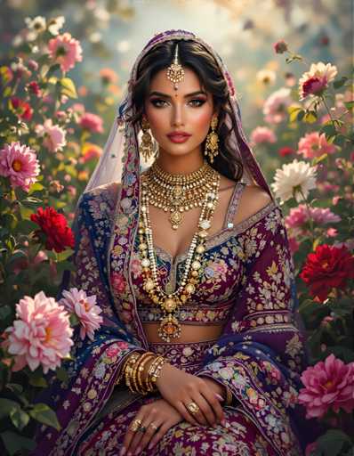 The image shows a woman wearing traditional Indian attire, including a purple saree and gold jewelry. She is seated on a bench surrounded by pink flowers. The background features a garden with more pink flowers.