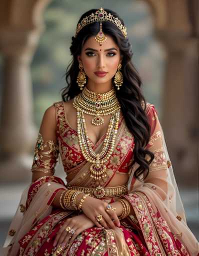 A woman is seated on a bench wearing traditional Indian attire consisting of a red and gold sari with intricate embroidery and a gold headpiece adorned with jewels. She is also wearing a gold necklace and earrings that complement her outfit. The setting appears to be an outdoor area, possibly in front of a building or near a park, as indicated by the presence of trees in the background.