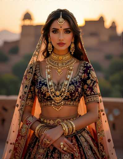 The image shows a woman wearing traditional Indian attire, including a blue and gold dress with a pink skirt and a headpiece made of gold and white beads. She is also wearing a gold necklace and earrings. The setting appears to be outdoors, possibly at the foot of a castle or palace, as suggested by the presence of trees in the background.