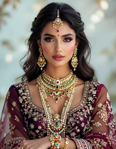 The image shows a woman wearing traditional Indian jewelry and clothing. She is standing against a blurred background that appears to be a window or door frame. The woman's attire consists of a purple dress with gold embroidery on the bodice, which complements her gold jewelry. A red headpiece sits atop her hair, adding an elegant touch to her overall look.