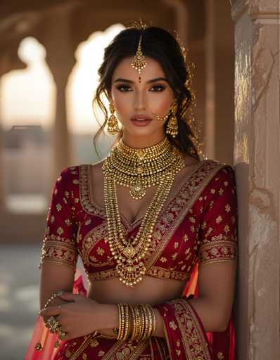 A woman is standing against a stone wall with her hands on her hips and wearing traditional Indian attire consisting of a red saree and gold jewelry including a large necklace and earrings.