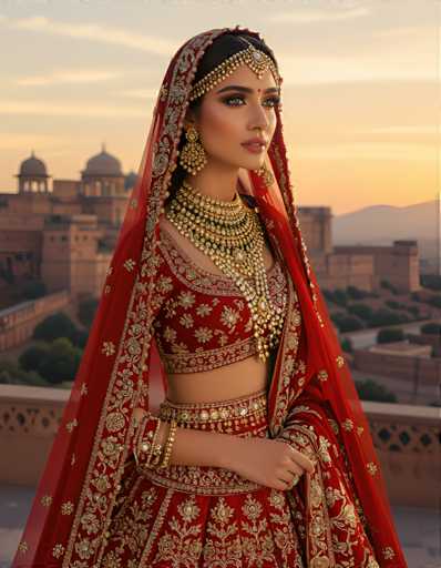 A woman is captured in a moment of quiet contemplation on a rooftop terrace. She is adorned in traditional Indian attire, including a vibrant red saree with intricate gold embroidery and a matching headpiece that complements the saree's design. The woman wears a gold necklace and earrings, adding to her regal appearance. Her hands are gently placed on her hips as she gazes off into the distance, suggesting a moment of deep thought or introspection.