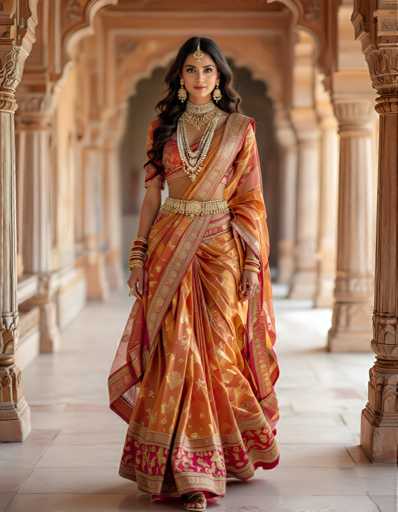 A woman is walking down an aisle in a building with columns and arches. She is wearing an orange saree with gold accents and gold jewelry.