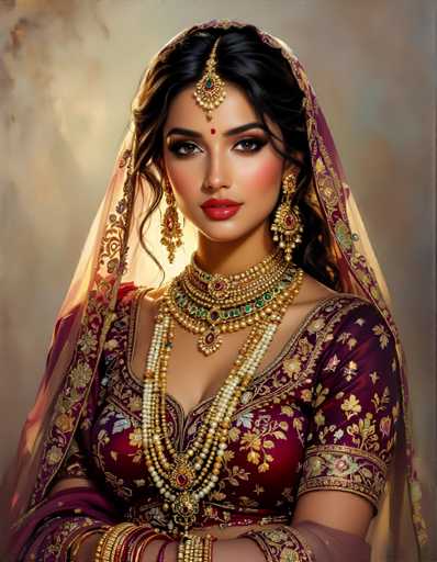 The image shows a woman wearing traditional Indian attire, including a red and gold sari with intricate embroidery. She is also wearing a headpiece made of gold and jewels, as well as a necklace and earrings that are similar in design to the ones worn by her. The background appears to be a blurred gray color, which contrasts with the vibrant colors of the woman's outfit.

The image does not contain any discernible text or other objects, making it difficult to determine specific details about the setting or context.