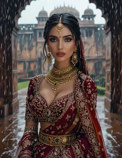 A woman is standing in front of a large building with a brown stone archway and columns. She is wearing traditional Indian attire consisting of a red saree with gold embroidery and a gold necklace and earrings. The woman has dark hair styled in an updo and is looking directly at the camera, suggesting she is posing for the photo.