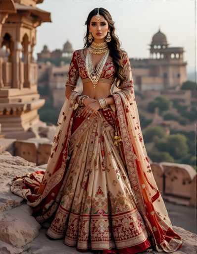 A woman is standing on a rock with her back to the camera, wearing a traditional Indian bridal dress that is predominantly red and gold in color. The dress features intricate embroidery along the neckline and skirt, adding to its elegance. She is also wearing a necklace and earrings as part of her attire. In the background, there are buildings visible, suggesting an urban setting or possibly a historical site.