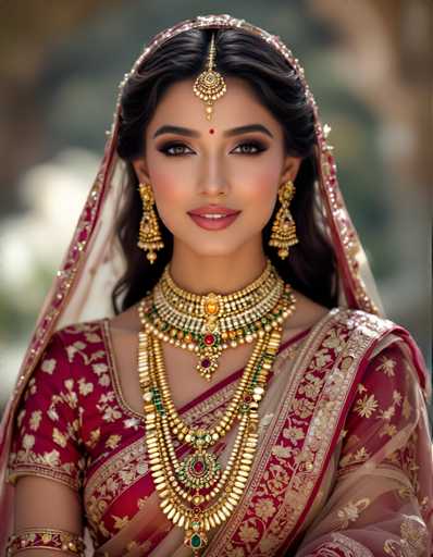 The image shows a woman wearing traditional Indian bridal attire. She is positioned against the backdrop of a tree and a building, suggesting an outdoor setting. The woman's attire consists of a red and gold sari with intricate embroidery on the sleeves and collar, complemented by a matching headpiece featuring a large turban.

The woman also wears a gold necklace and earrings that are ornate in design, adding to her traditional Indian look.