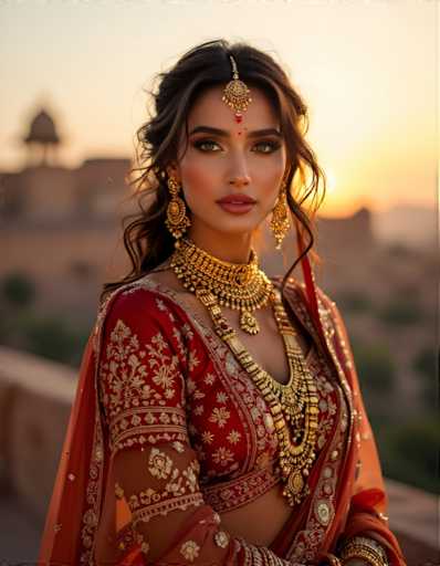 The image shows a woman wearing traditional Indian attire, including a red and gold sari with intricate embroidery on the sleeves and a matching headpiece. She is also wearing a gold necklace and earrings that complement her outfit. The setting appears to be outdoors during sunset, as indicated by the warm hues of the sky in the background.