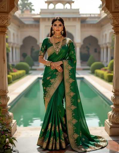 A woman is standing in front of a large pool with her back to the camera. She is wearing a green saree that has gold embroidery and a gold chain around her neck. The pool behind her is filled with water, reflecting the surrounding architecture.