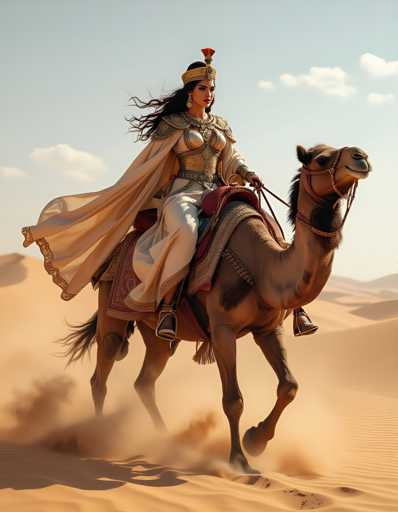 A woman dressed in traditional Arab clothing is riding a camel through a desert landscape. The camel has a red and gold headpiece on its head and the sand beneath them is kicked up by their movement.