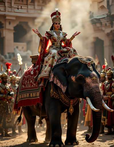 A woman dressed in traditional Indian attire is riding an elephant on a dirt road surrounded by other people and buildings.