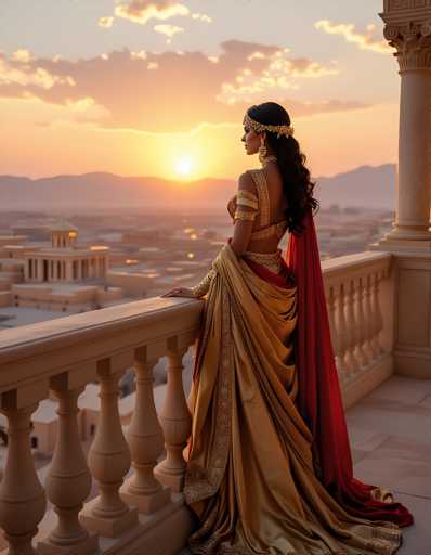 A woman stands on a balcony at sunset, wearing a gold and red dress with a gold headpiece and holding a gold clutch purse. The setting sun casts a warm glow over the scene, highlighting the architectural details of the building in the background.