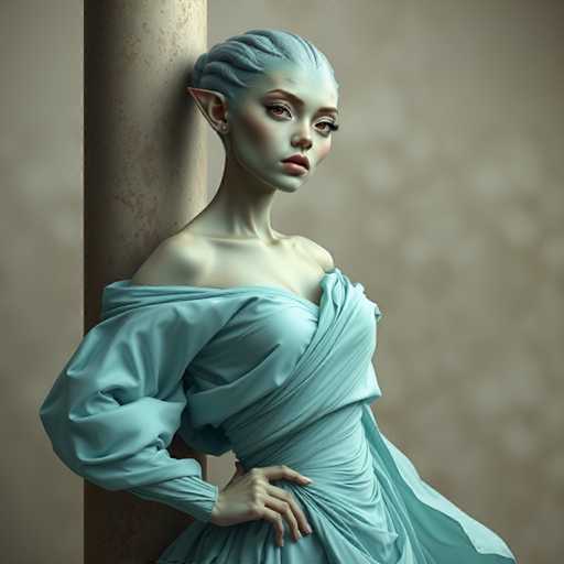 A woman with blue hair and a blue dress stands against a beige wall, leaning on the wall with her left hand resting on it.