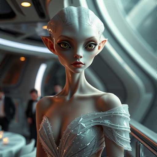 The image depicts a futuristic scene with a woman wearing a white dress and large earrings standing in front of a window. The room has a curved wall and a glass door that reflects the surroundings. In the background, there are two people present - one person is seated at a table while the other stands near the window.