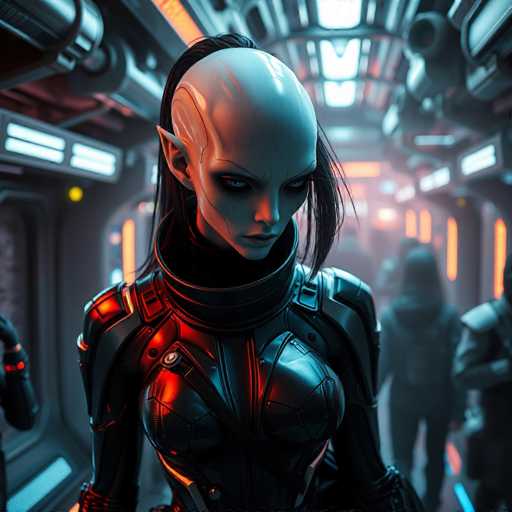 The image depicts a futuristic scene with a woman dressed in a black bodysuit and a white skull headpiece standing in the center of a tunnel-like structure illuminated by blue lights. The background shows other individuals also present within the same tunnel-like space.