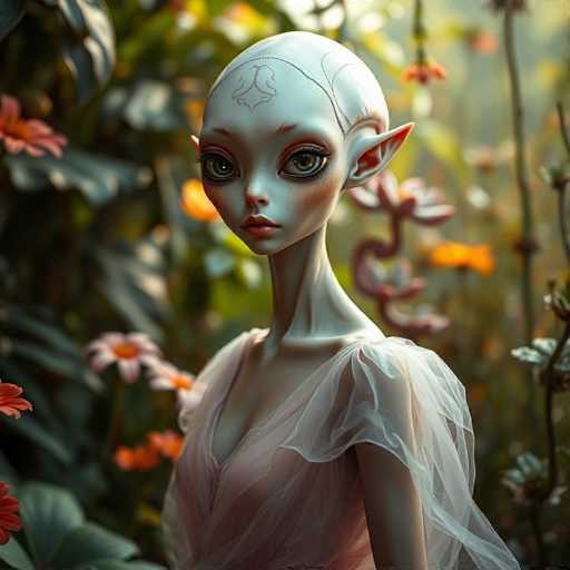 A doll with pale skin and long hair is standing in a garden surrounded by flowers of various colors including pink, orange, yellow, and white. The doll's dress is a light pink color that contrasts with the vibrant hues of the flowers around her.