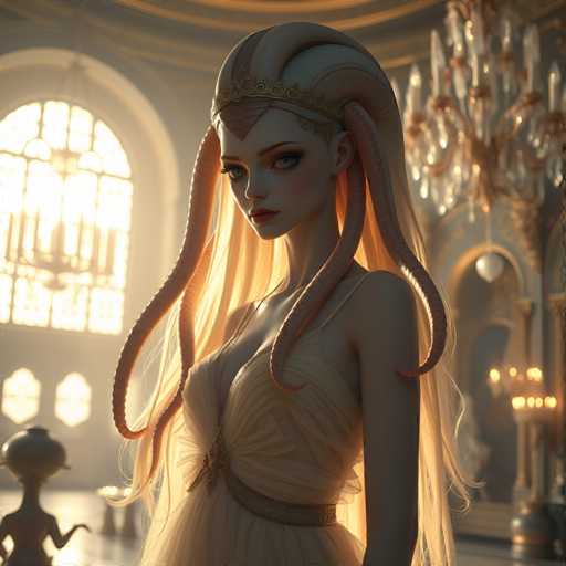 A woman with long blonde hair and a white dress stands in front of a large window that is illuminated by sunlight. The room has a high ceiling adorned with chandeliers, creating an opulent atmosphere. A statue can be seen on the left side of the image.