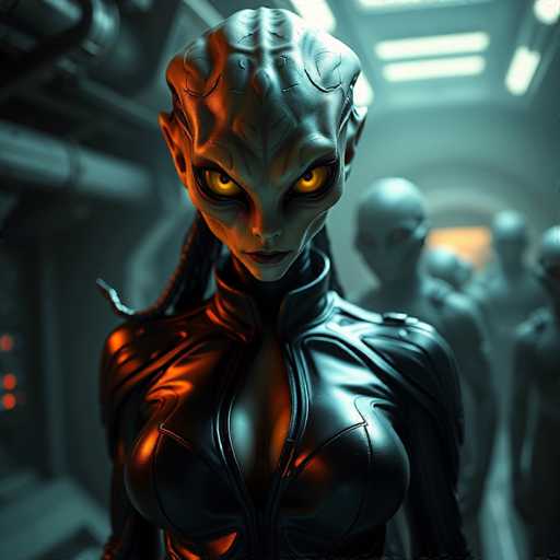 The image shows a close-up view of an alien figure with a face and arms. The alien has a large head adorned with yellow eyes that seem to glow against the dark background. The body is black, contrasting sharply with the white walls in the background. The alien's position suggests it might be standing or sitting, facing towards the camera.