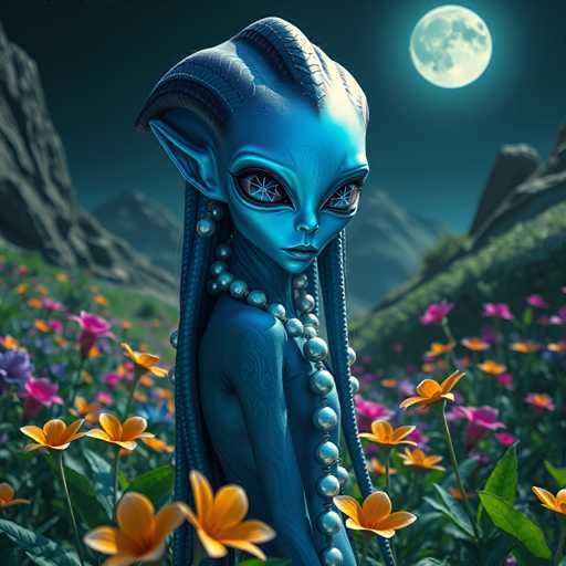 The image depicts an alien with blue skin and horns standing amidst a field of flowers. The alien is wearing a necklace made up of small white beads and has long hair that flows down to their feet. In the background, there are mountains under a full moon, creating a serene and otherworldly atmosphere.