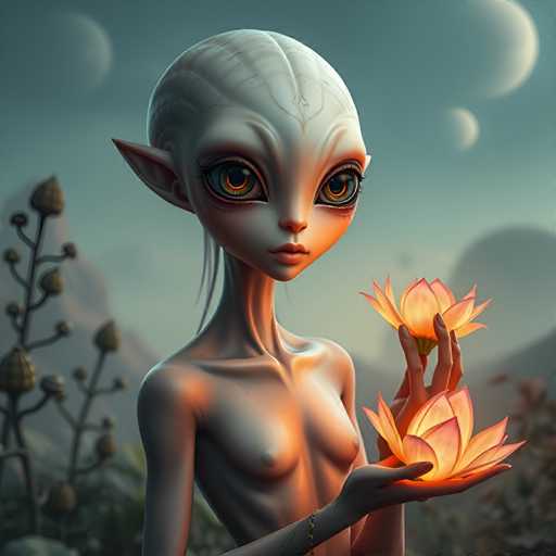 A cartoon illustration of an alien with large eyes and a white head holding two pink flowers against a blue sky backdrop featuring floating planets.