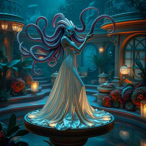 The image depicts a woman with long purple tentacles and a white dress standing on a pedestal in the center of an underwater scene. The background features a large window adorned with gold trim and a fountain with red flowers at its base.