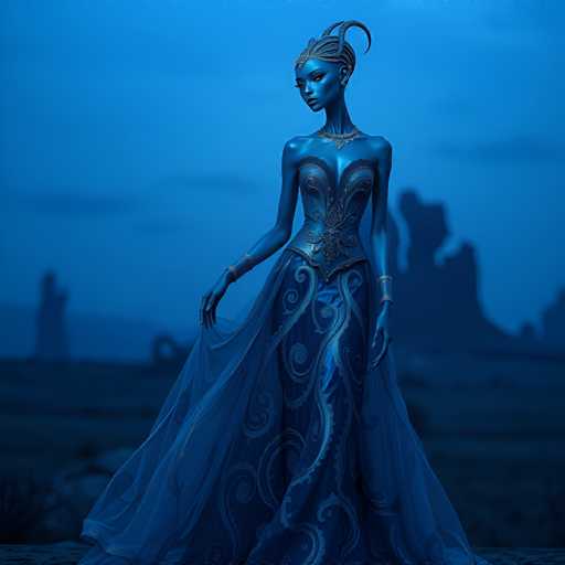 A woman stands in front of a blue sky with clouds and mountains in the distance. She is wearing a long, flowing dress that cascades down to her feet, and she holds a parasol over her head. The image has a dreamy quality due to its color palette and composition.
