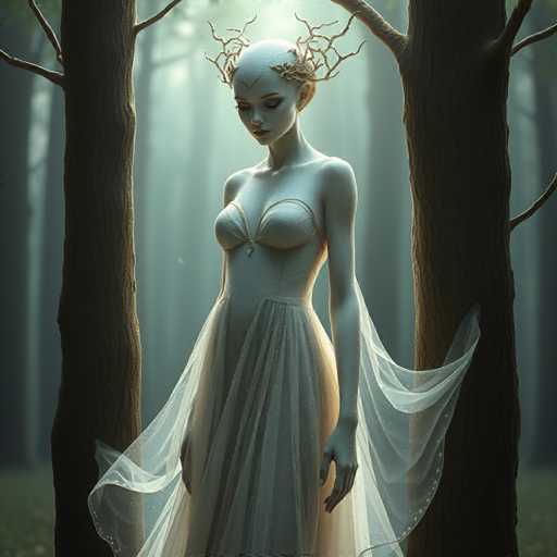 A woman stands in a forest, wearing a white dress with gold accents and large wings on her feet. The trees behind her have dark trunks and leaves that contrast with the light green of the forest floor.