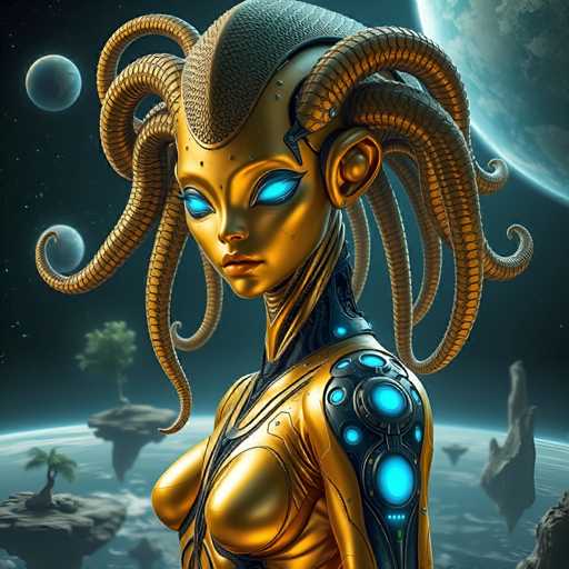 The image depicts a female robot with long, flowing golden hair and large, blue eyes. The robot is standing on a rocky surface surrounded by floating islands and planets. The background features the night sky filled with stars and planets.