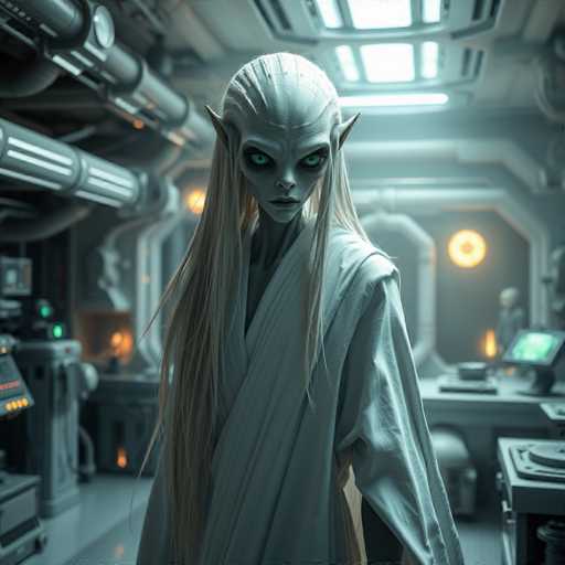 The image shows an alien character with long blonde hair and green eyes standing in a room filled with various machines and equipment. The alien is dressed in a white robe and has a serious expression on its face as it looks directly at the camera.