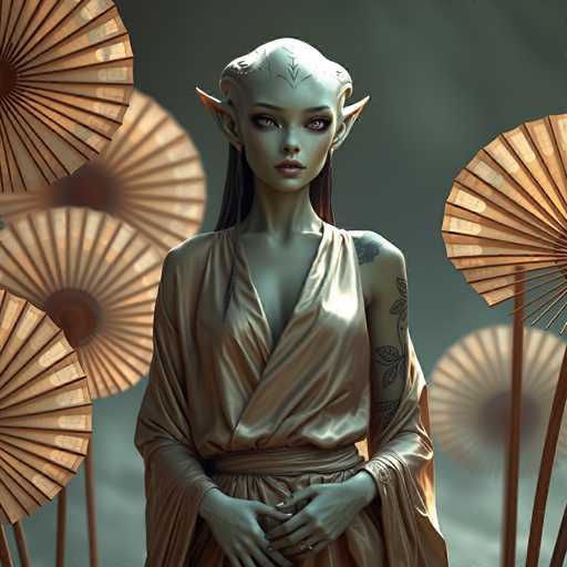 A woman with long brown hair and a tattoo on her arm is the main subject of this digital illustration. She is wearing a gold dress that contrasts with the greenish-blue background. The woman's position in front of a group of orange umbrellas adds depth to the image, creating an interesting visual effect.