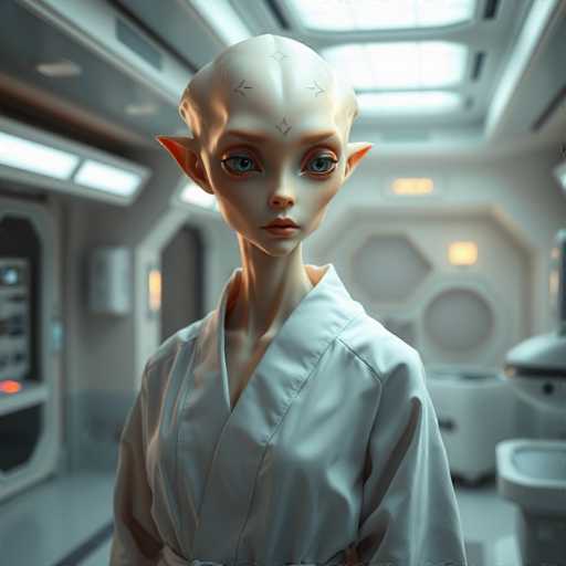 A 3D rendering of an alien with a white head and face wearing a white robe, standing against a white background that includes a sink and a window.