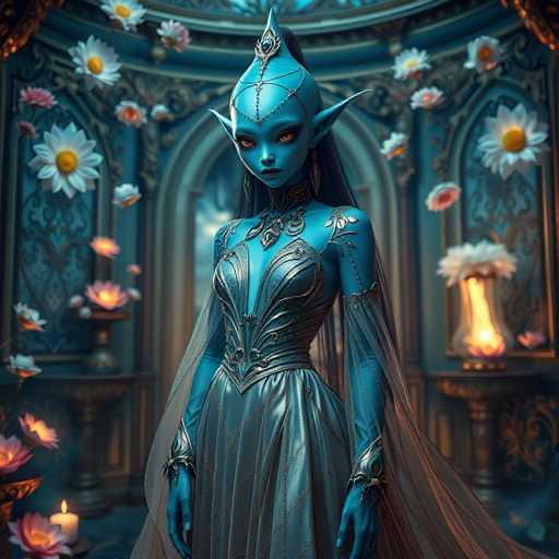 The image depicts a blue-skinned female figure standing in front of an ornate archway adorned with white flowers and gold accents. The figure is wearing a long dress that reaches down to her feet, and she has a crown on her head. The background features a blue wall with white flowers hanging from the ceiling, creating a sense of depth and dimension within the scene.
