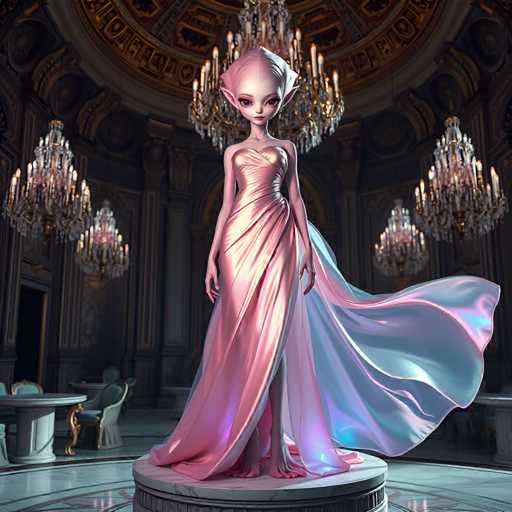 The image depicts a woman standing on a pedestal in a grand room with chandeliers hanging from the ceiling and ornate decorations adorning the walls. The woman is wearing a pink dress that flows down to her feet, and she has long hair styled in an elegant updo. The background features a large window draped with curtains, allowing natural light to illuminate the space.