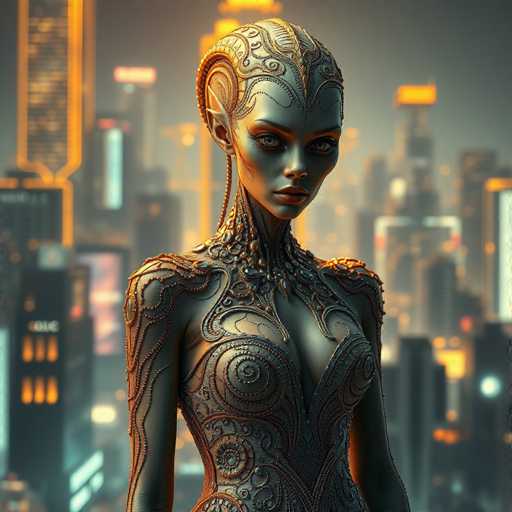 The image depicts a woman with a futuristic appearance, possibly an alien or a robot-like creature. She is wearing a dress that features intricate designs and patterns, giving her a metallic sheen. The background of the image shows a cityscape at night, with tall buildings illuminated by bright lights against a dark sky.