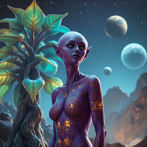 The image depicts a woman with purple skin and gold stars on her body standing next to a tree with green leaves. The background features the night sky filled with planets and stars.