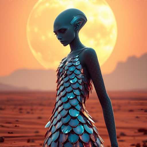 A woman with blue hair and a metallic dress stands on a rocky outcropping against the backdrop of a large orange moon.