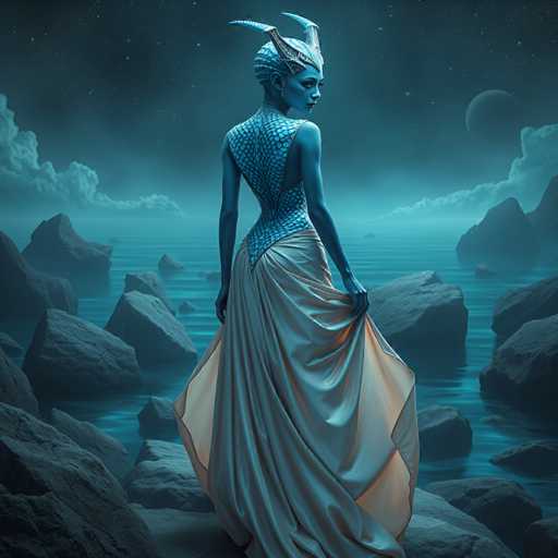 A woman stands on a rocky shore at night, wearing a blue dress and headdress with horns. The sky is dark blue, and the water below reflects the surrounding darkness.