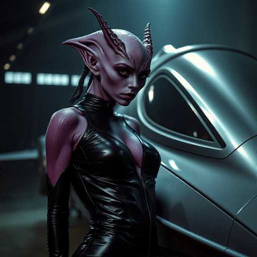 A woman with purple horns and a black outfit stands next to a silver car, both facing the camera.