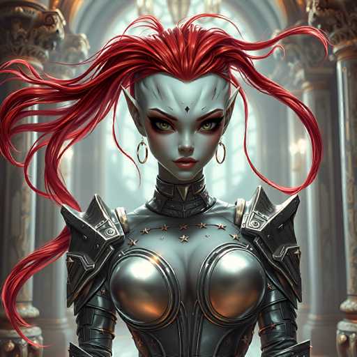 The image depicts a female character with red hair and green eyes wearing a silver armor suit adorned with gold stars on her chest. She is standing in front of an ornate archway that features columns and intricate designs. The background is dark and blurred, drawing attention to the central figure.
