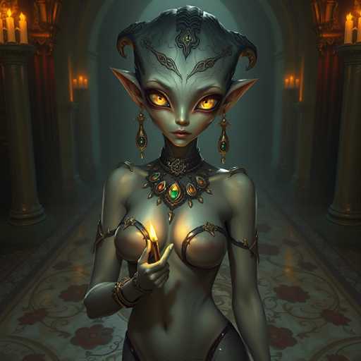 A female character with green skin and gold jewelry stands in a dimly lit room, holding a lit candle. The character is wearing a necklace of green gemstones and earrings that glimmer under the light from the candle.