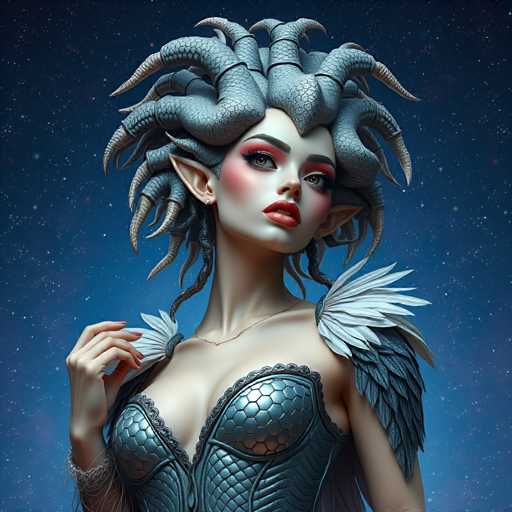 The image depicts a woman with long hair and horns wearing a blue dress adorned with white wings. She is standing against the backdrop of a starry night sky, which adds an ethereal quality to her appearance. The woman's gaze is directed towards the camera, creating a sense of connection between the viewer and the subject.
