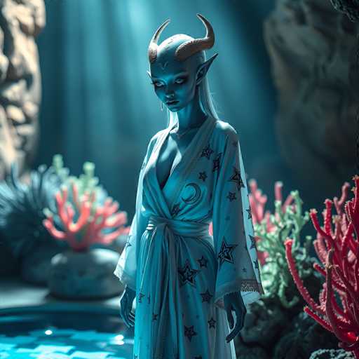 A woman with blue hair and a white dress stands in front of a large rock formation, surrounded by red coral reefs and plants.
