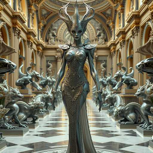 The image depicts a woman standing in a grand hall with intricate designs and sculptures surrounding her on either side of the room. The woman is wearing a long dress that reaches down to her feet, and she has large horns adorning her head. The hall itself features ornate decorations and statues, creating an atmosphere of opulence and majesty.