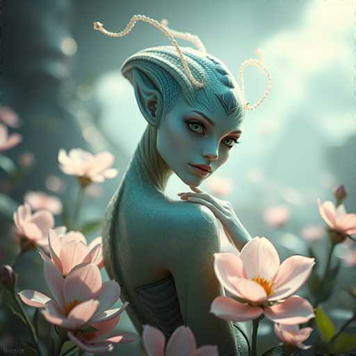 A digital illustration of a woman with blue hair and green skin, wearing a green dress adorned with white flowers, standing amidst pink and white flowers.