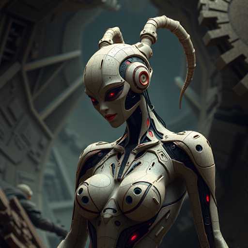 A female robot with red eyes and horns stands in a futuristic setting, wearing a white bodysuit that is predominantly black with accents of red and silver. The robot's head features large ears and a pointed nose, giving it an imposing appearance. The background is dark and indistinct, suggesting the image was taken in a space or environment where light cannot easily be seen.