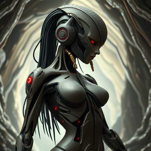 A 3D rendering of a female robot with long hair and red eyes, wearing a helmet that has a large speaker on top. The robot is standing against a dark background, which could be a cave or an underground tunnel.