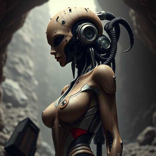 A 3D rendering of a female robot with a beige skin tone and silver accents on her head and shoulders. She is wearing a helmet that has a camera attached to it. The background features a rocky cliff face with a cave opening at the top.